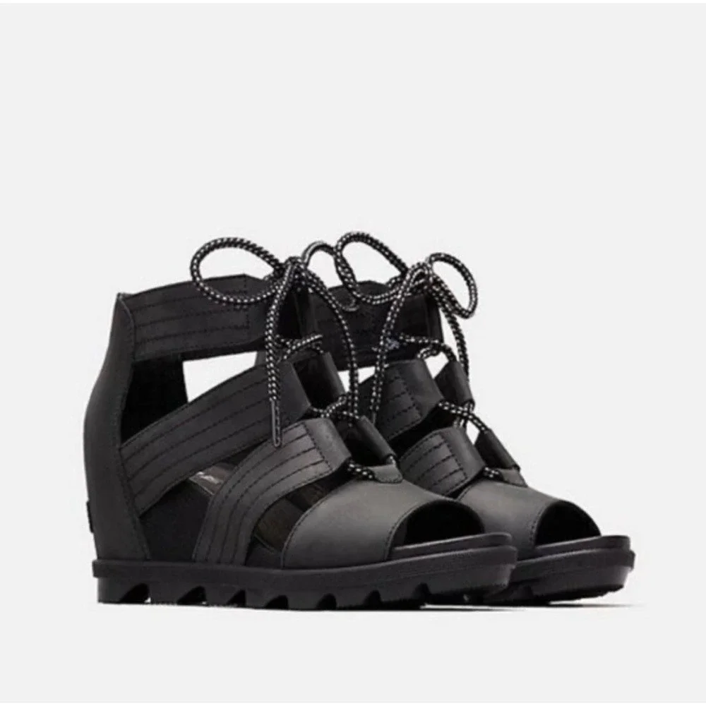 Sorel Joanie II‎ Lace Sandal Wedge Heel Black 9